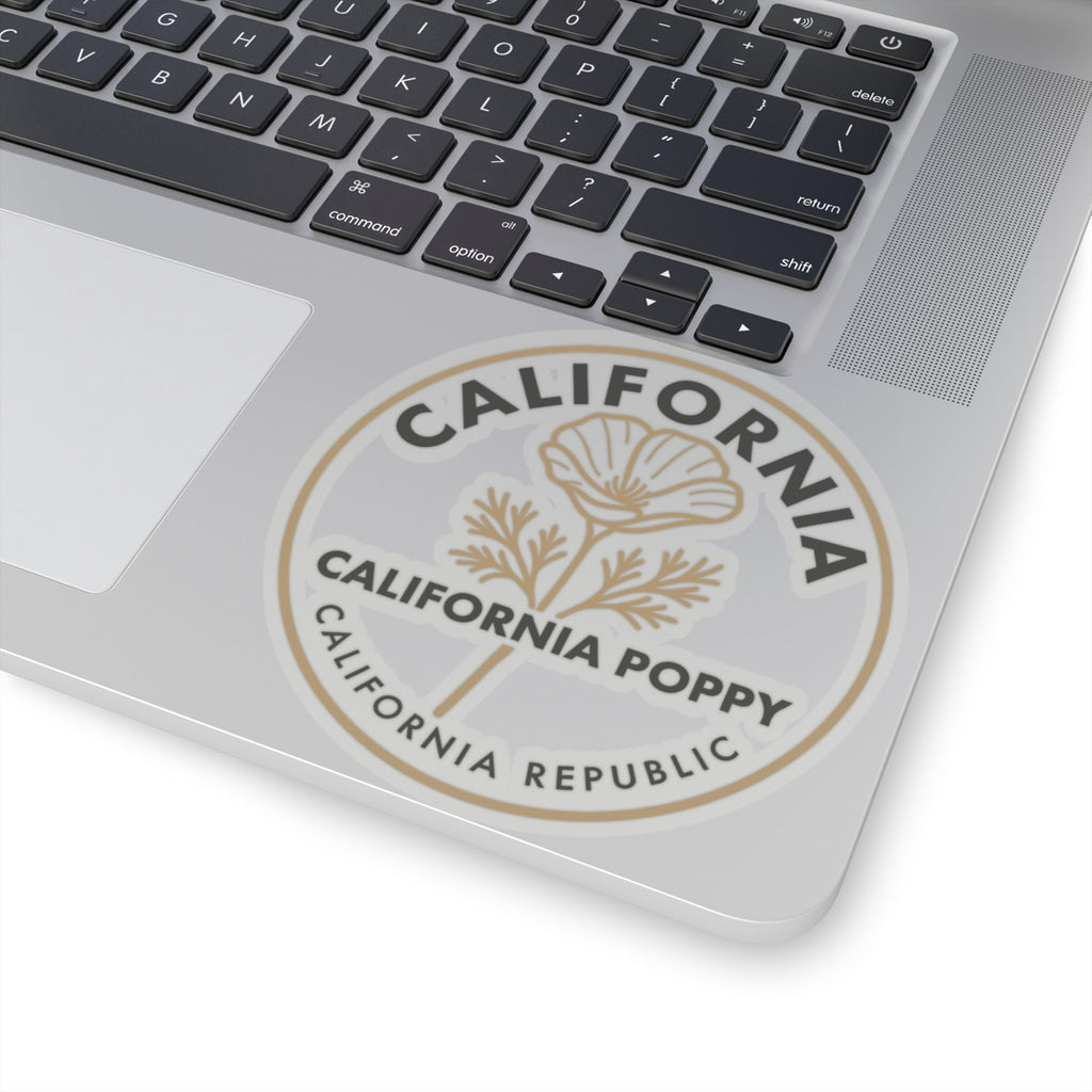 California poppy round sticker on laptop lid, beige flower and California Republic wording
