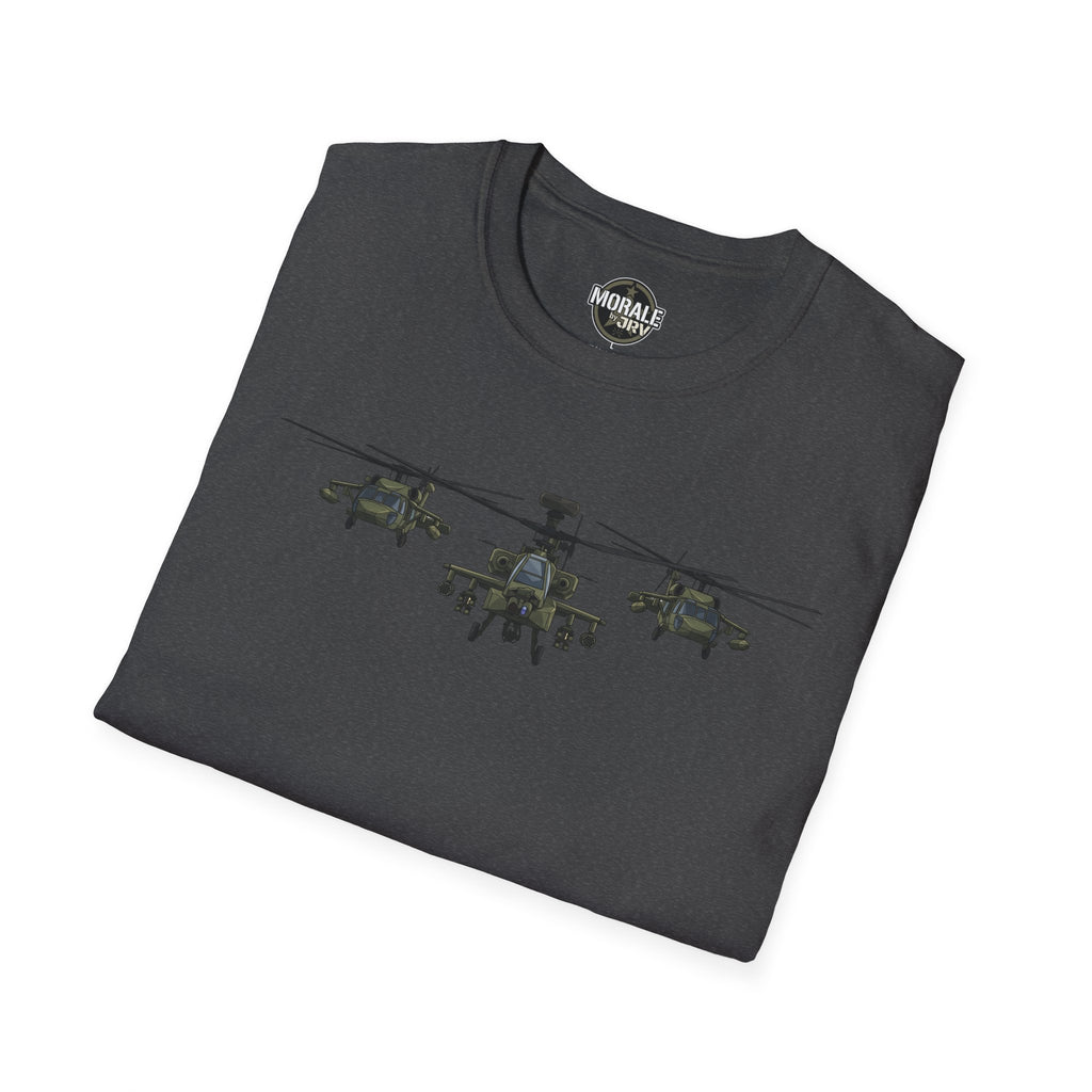 Dark gray tri-helicopter graphic T-shirt with “MORALE by DRV” neck logo