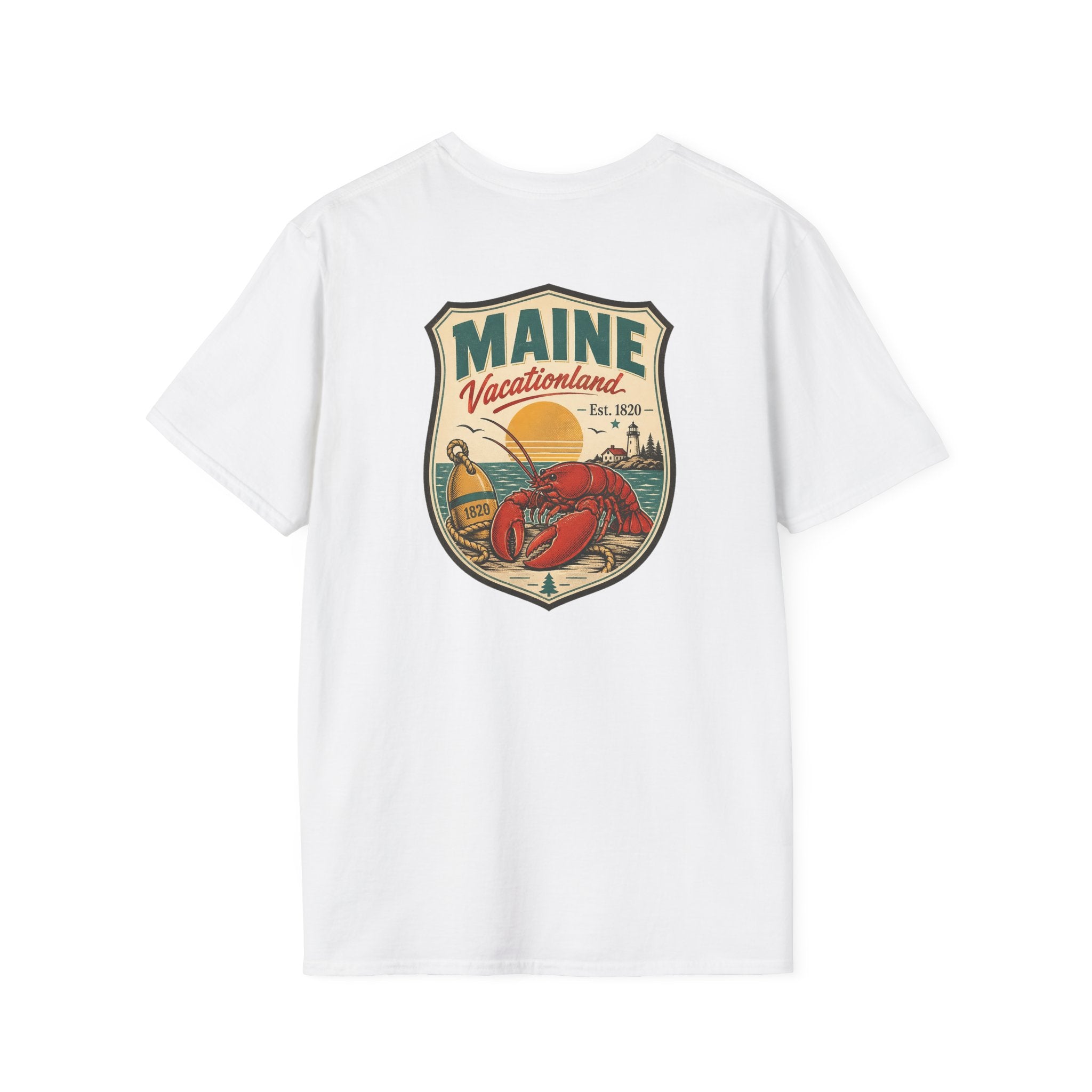 White Maine graphic T-shirt with shield logo and lobster artwork on chest