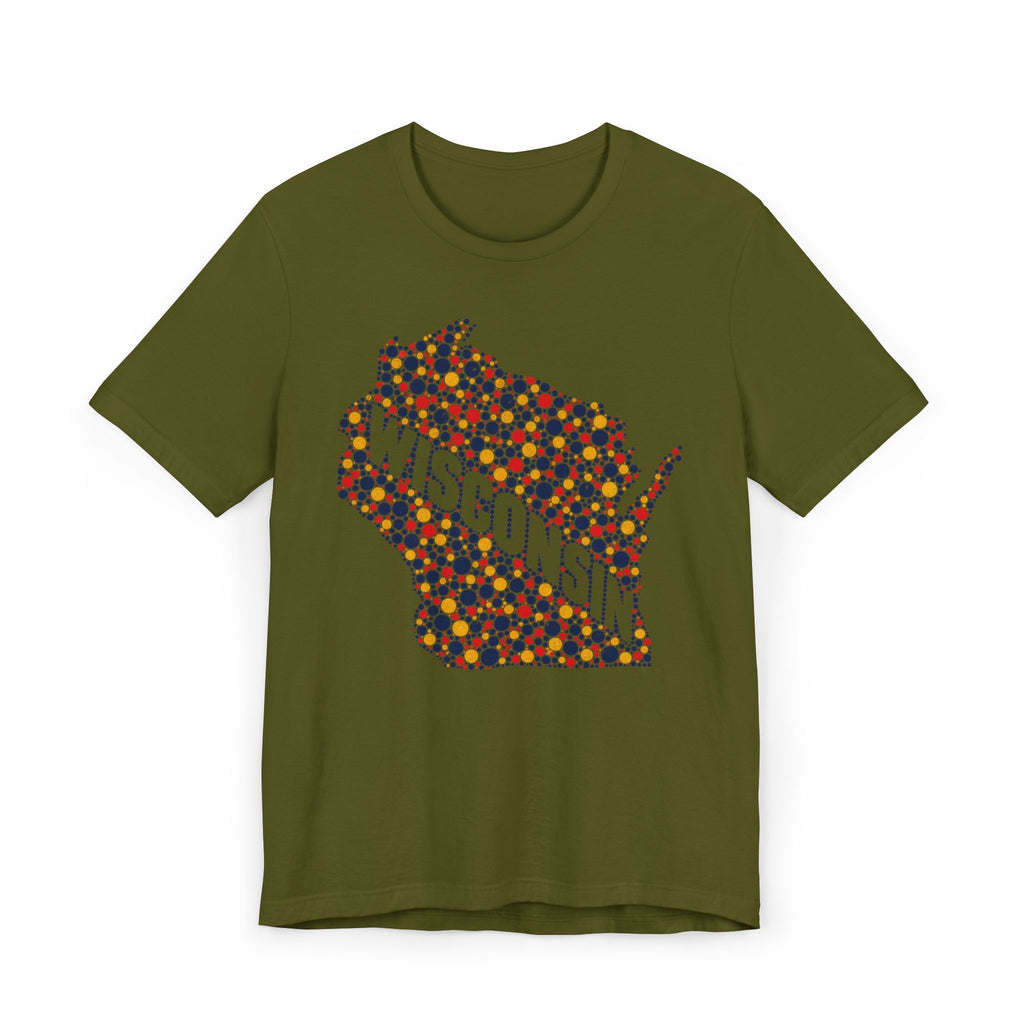 Green Wisconsin map graphic t-shirt with colorful floral dot design