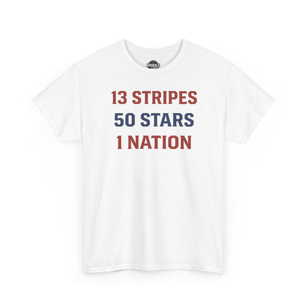 White crewneck T-shirt, front text '13 STRIPES 50 STARS 1 NATION'