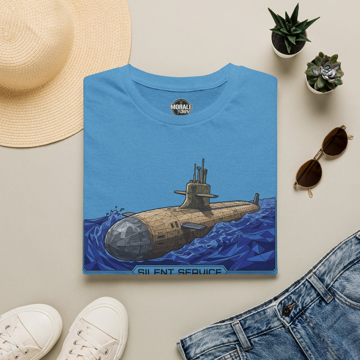 Blue crewneck T-shirt with submarine illustration graphic across the chest