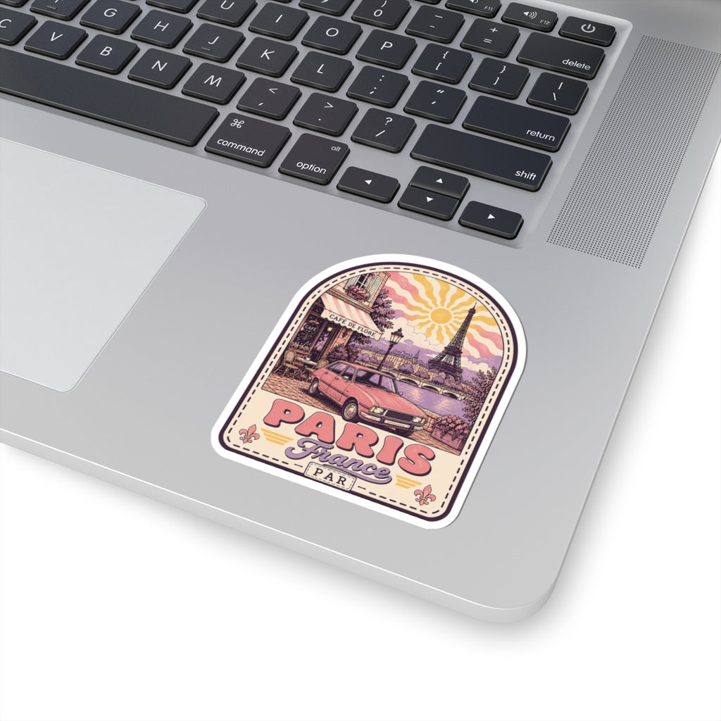 Paris scenic die-cut sticker on laptop keyboard, with Eiffel Tower and PARIS France text