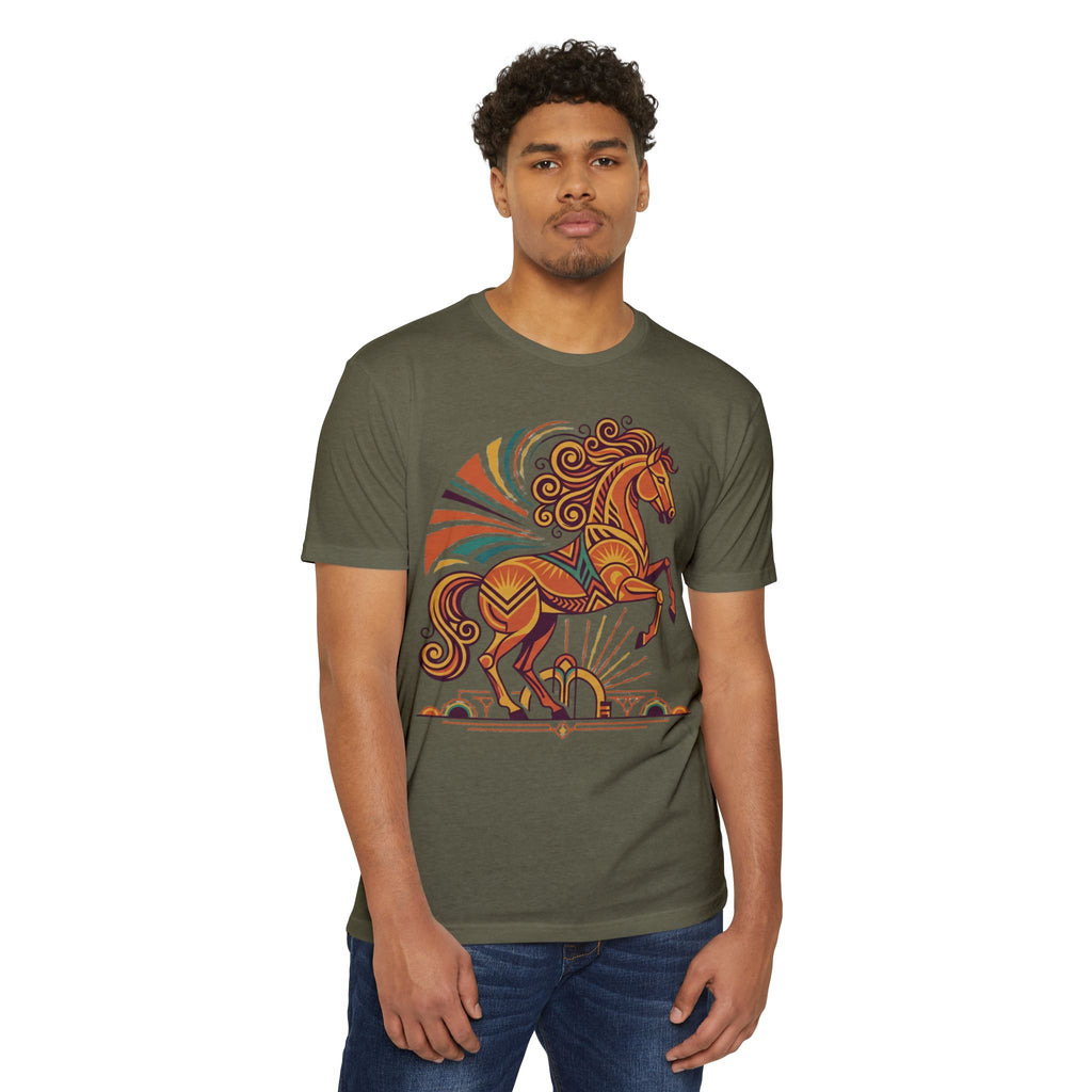 Dark olive crew-neck T-shirt with colorful prancing horse sunburst graphic