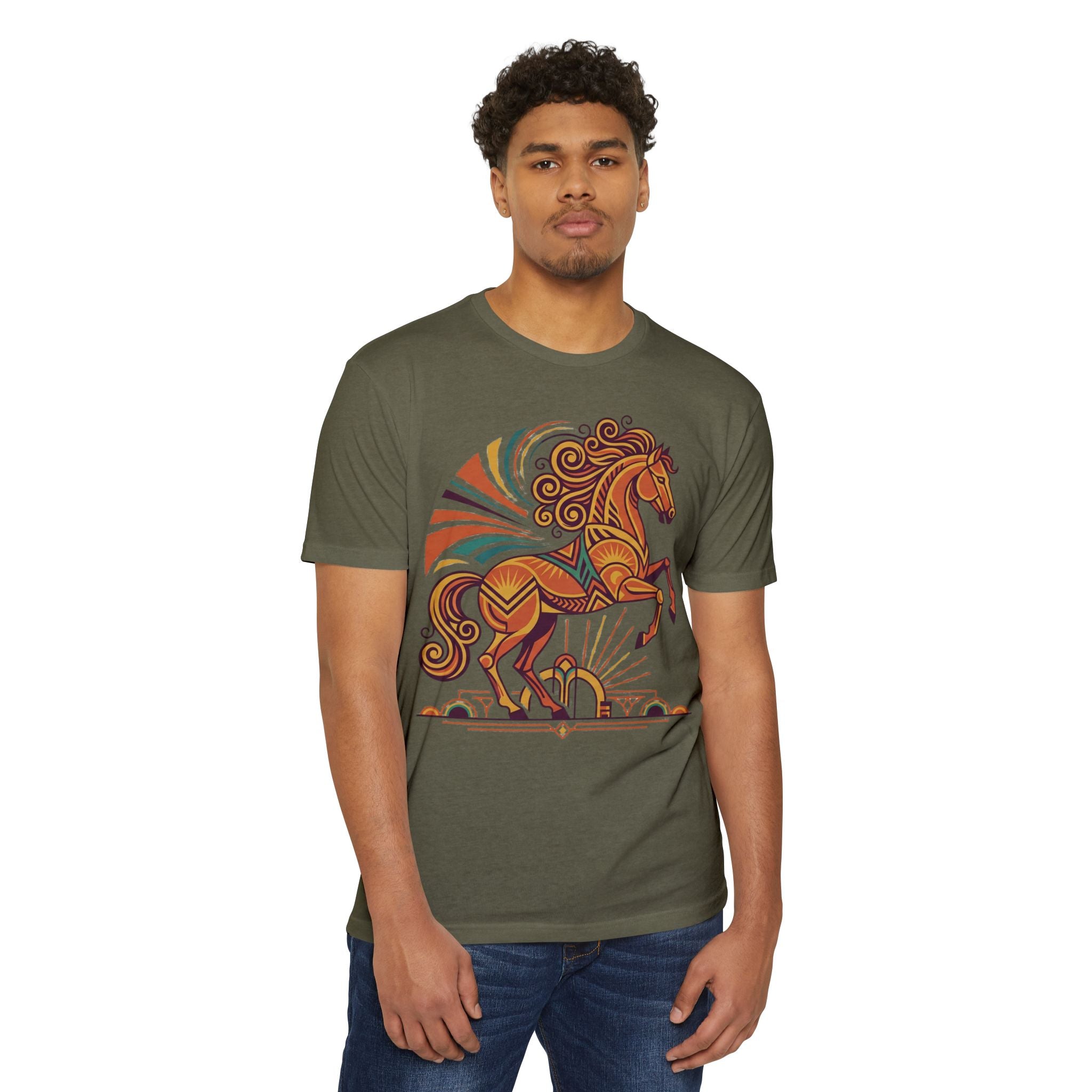 Dark olive crew-neck T-shirt with colorful prancing horse sunburst graphic