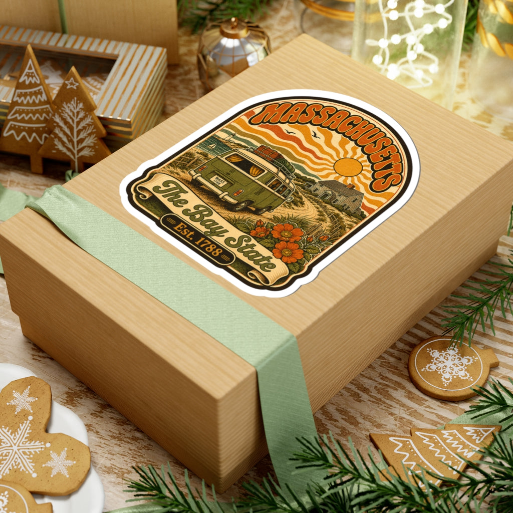 Massachusetts vintage van sticker on wrapped gift box with Bay State and “Est. 1788”