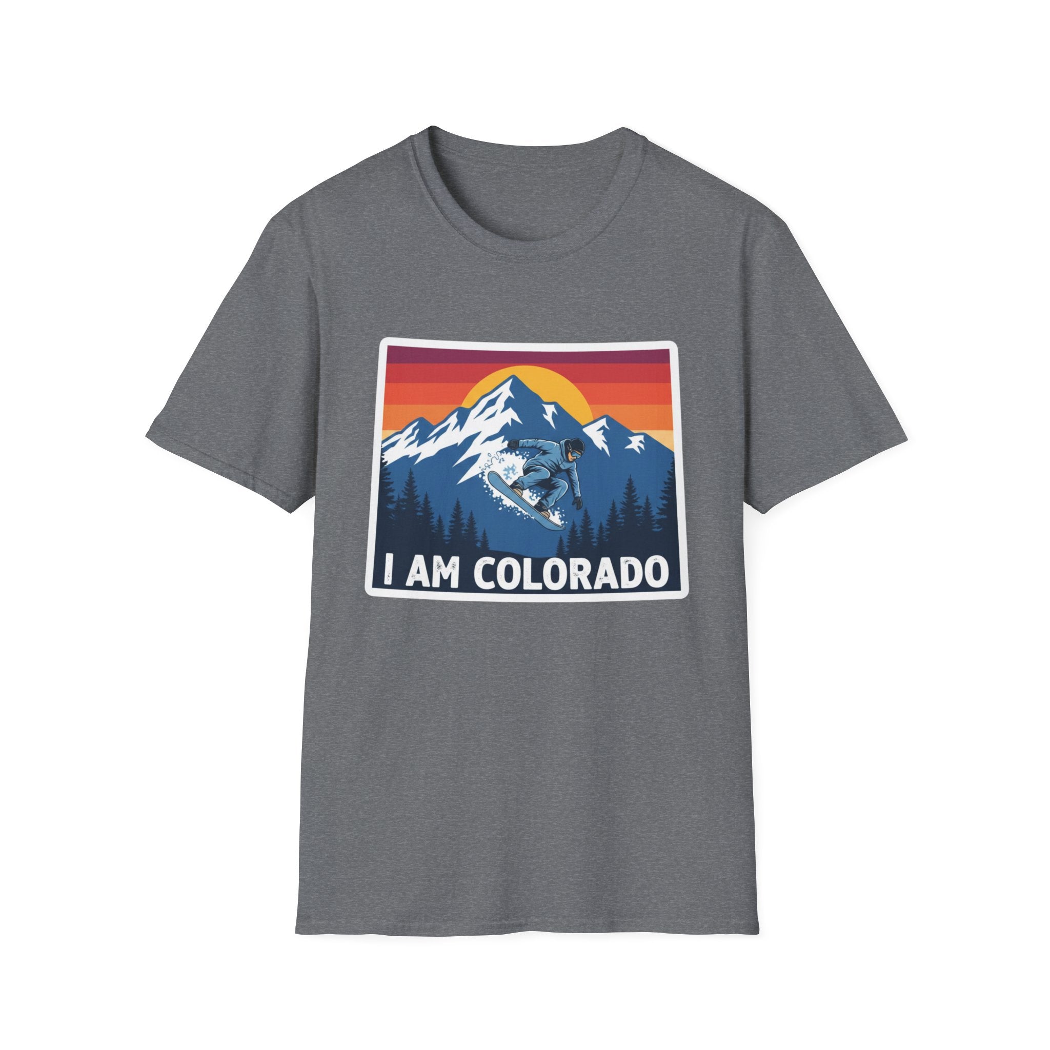 Heather grey T-shirt with “I AM COLORADO” mountain sunset graphic featuring a wolf and bear