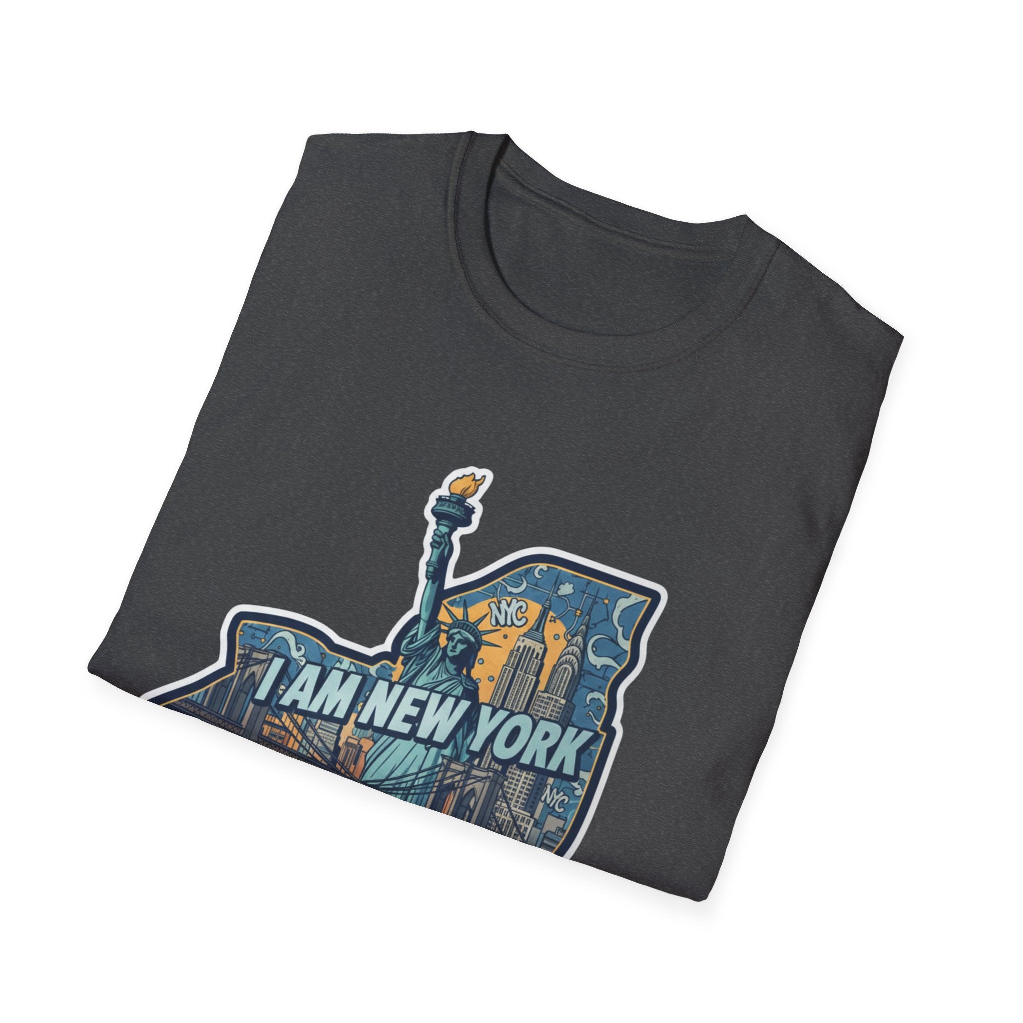 Dark heather T-shirt with “I AM NEW YORK” skyline graphic on the front