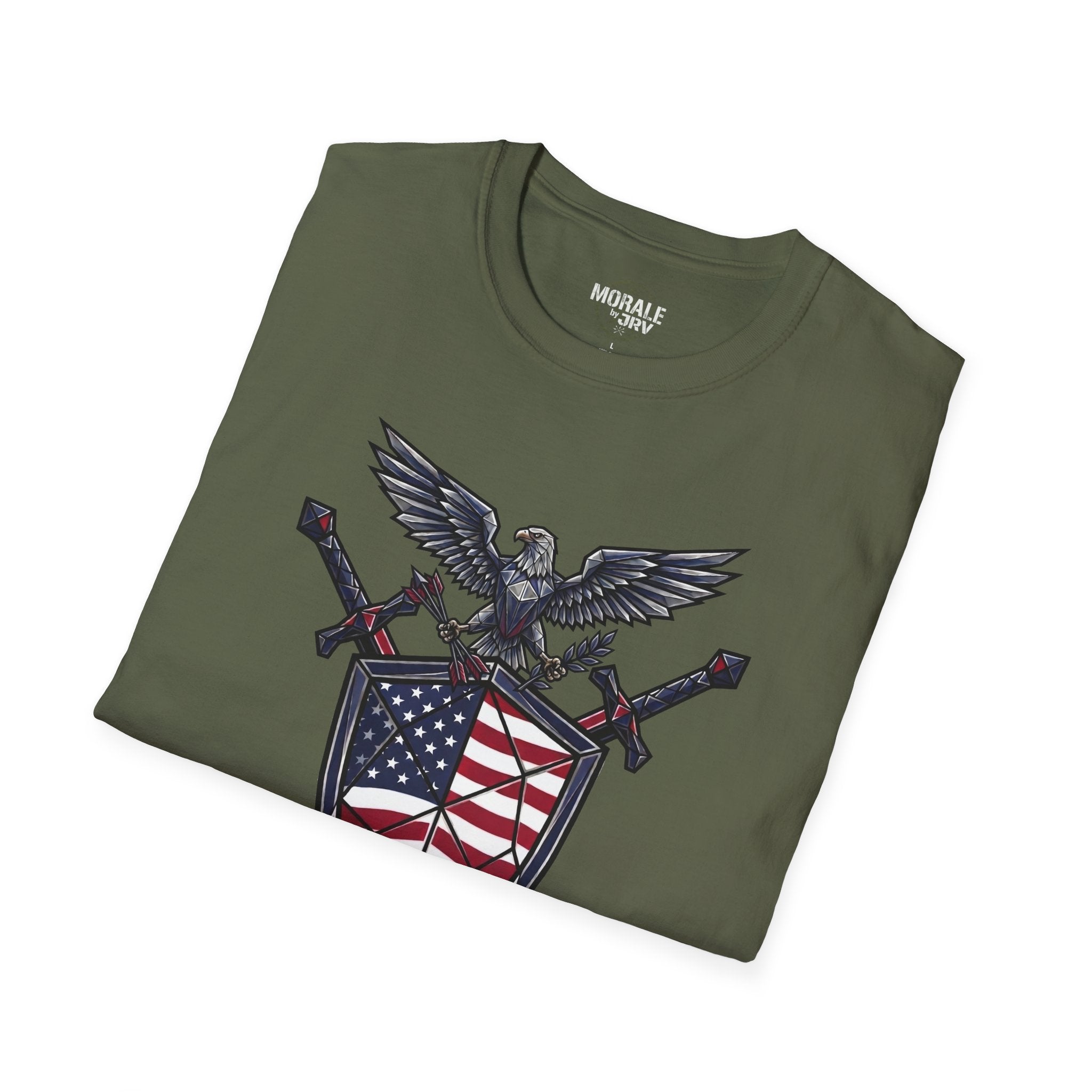 Military green T-shirt with patriotic eagle and crossed weapons over red white blue flag