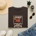 Brown crewneck T-shirt with “Just Moose-ying Along” moose graphic on chest