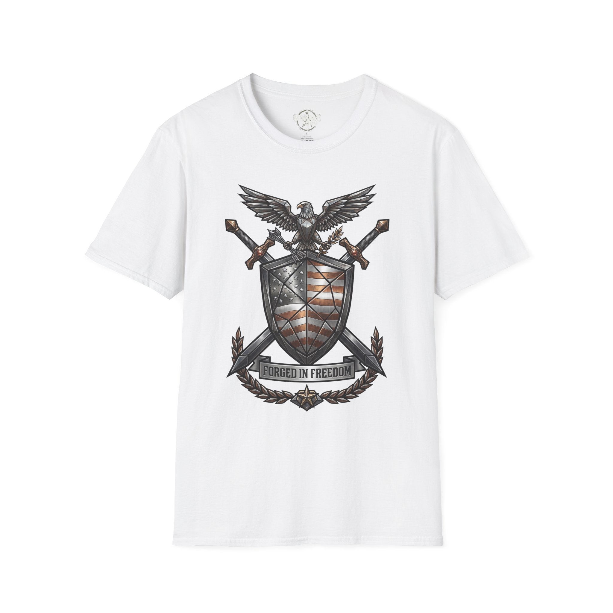 Weiße T‑Shirt mit Adler‑Shield, Schwertern und US‑Flaggenwappen, Frontprint