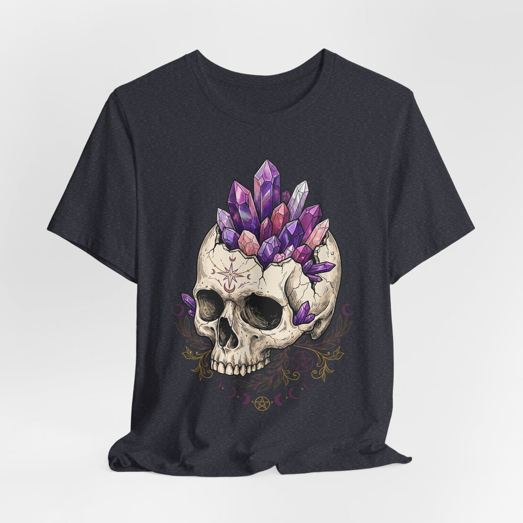 Crystal Skull T-Shirt on heather navy: front skull with purple crystal crown