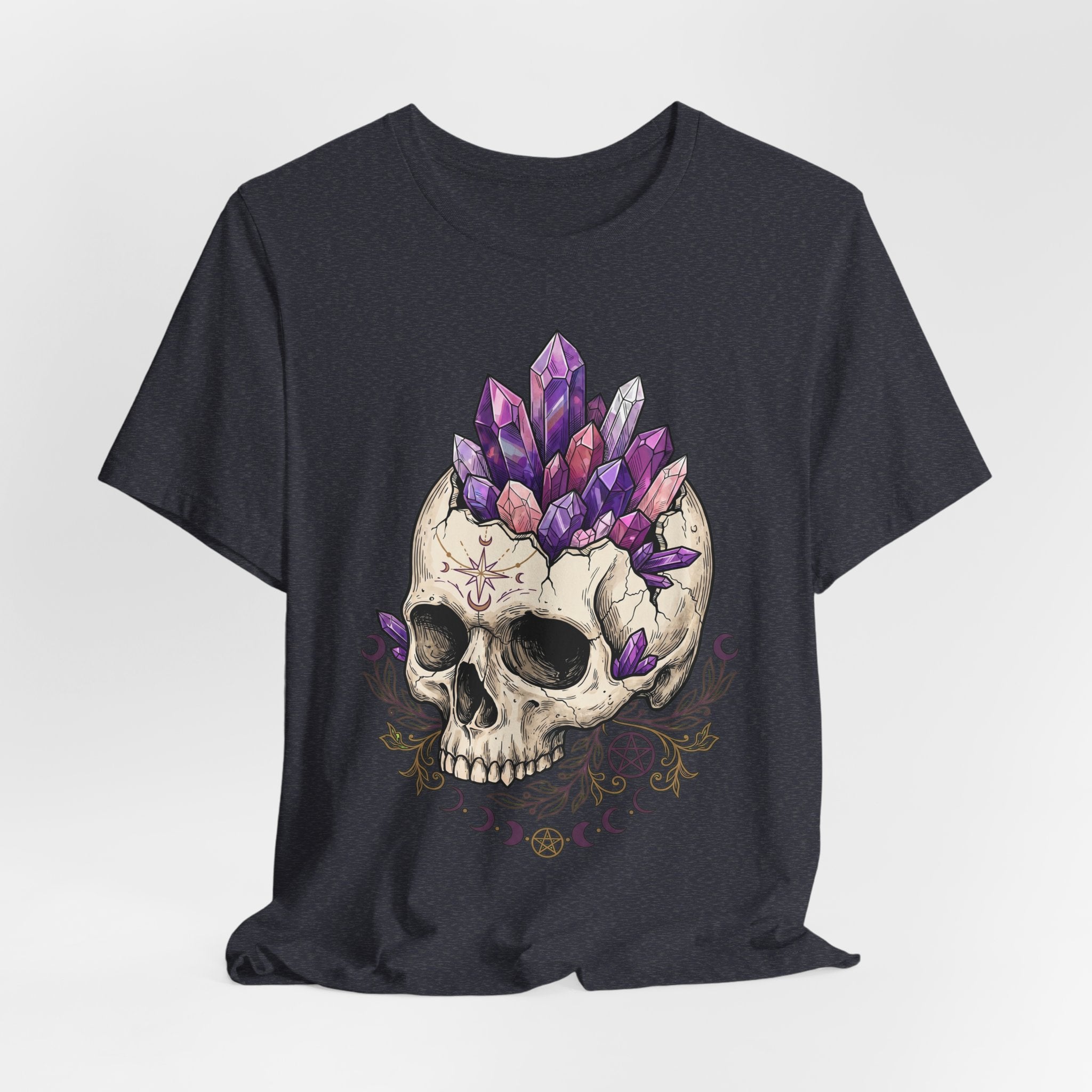Crystal Skull T-Shirt on heather navy: front skull with purple crystal crown