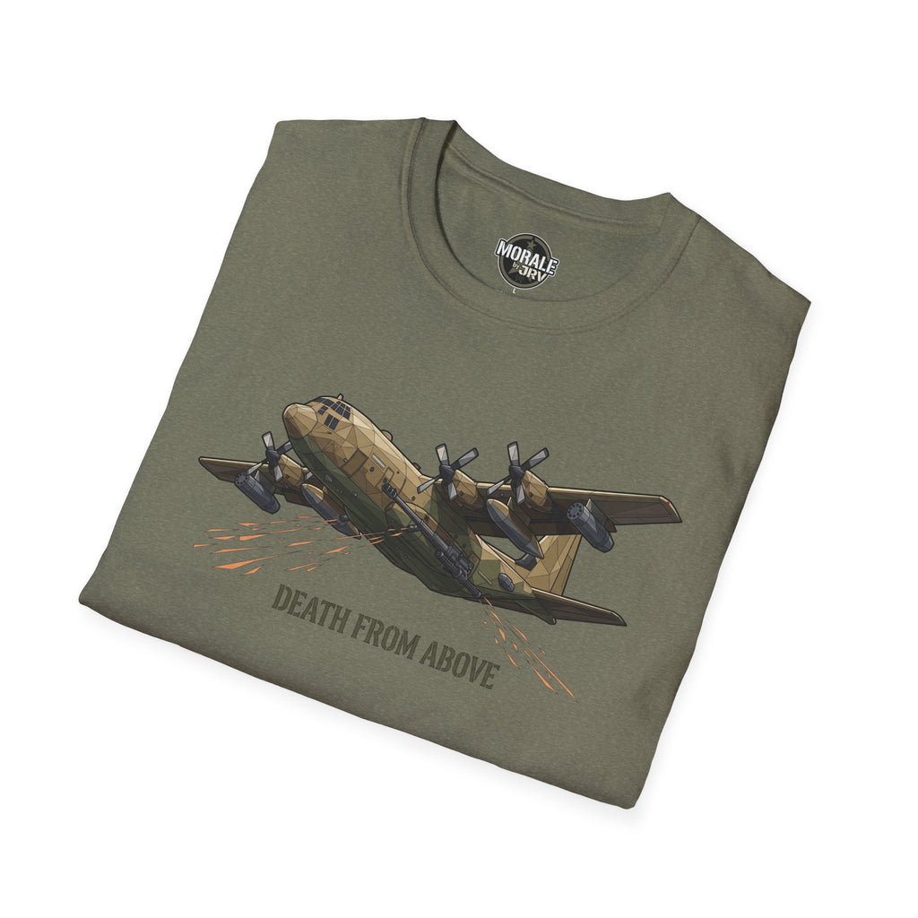 Dark Heather military T-shirt with C-130 plane graphic and “DEATH FROM ABOVE” text