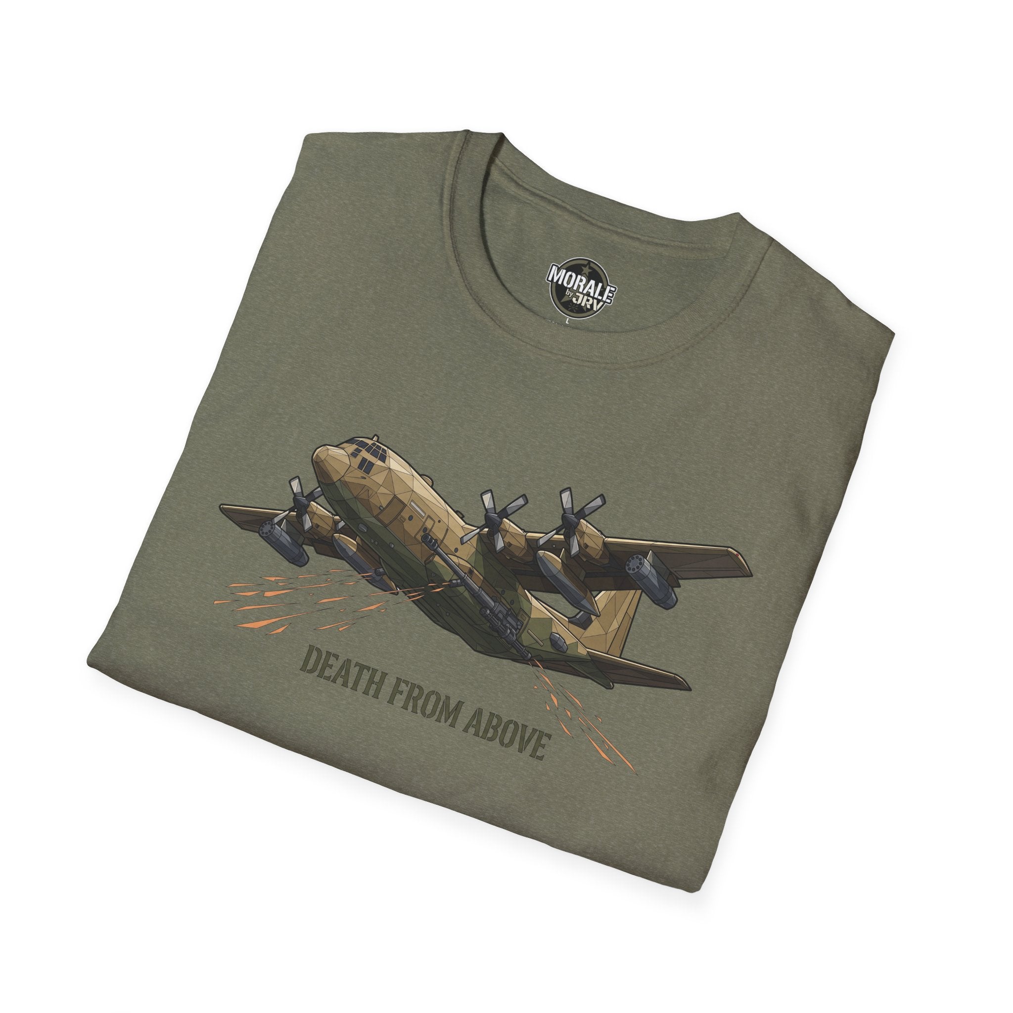Dark Heather military T-shirt with C-130 plane graphic and “DEATH FROM ABOVE” text