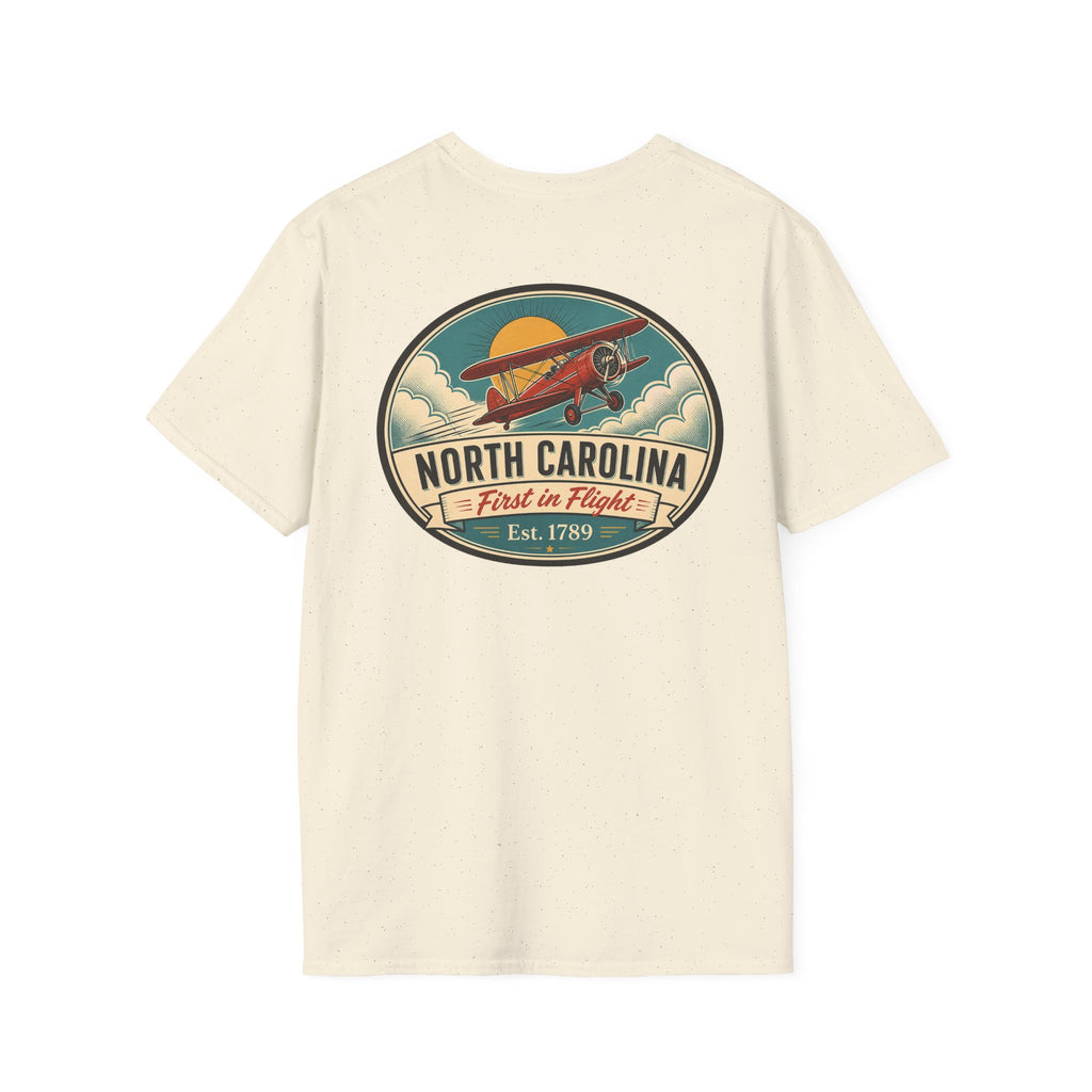 Natural/cream T-shirt with North Carolina biplane oval graphic, crewneck short sleeves