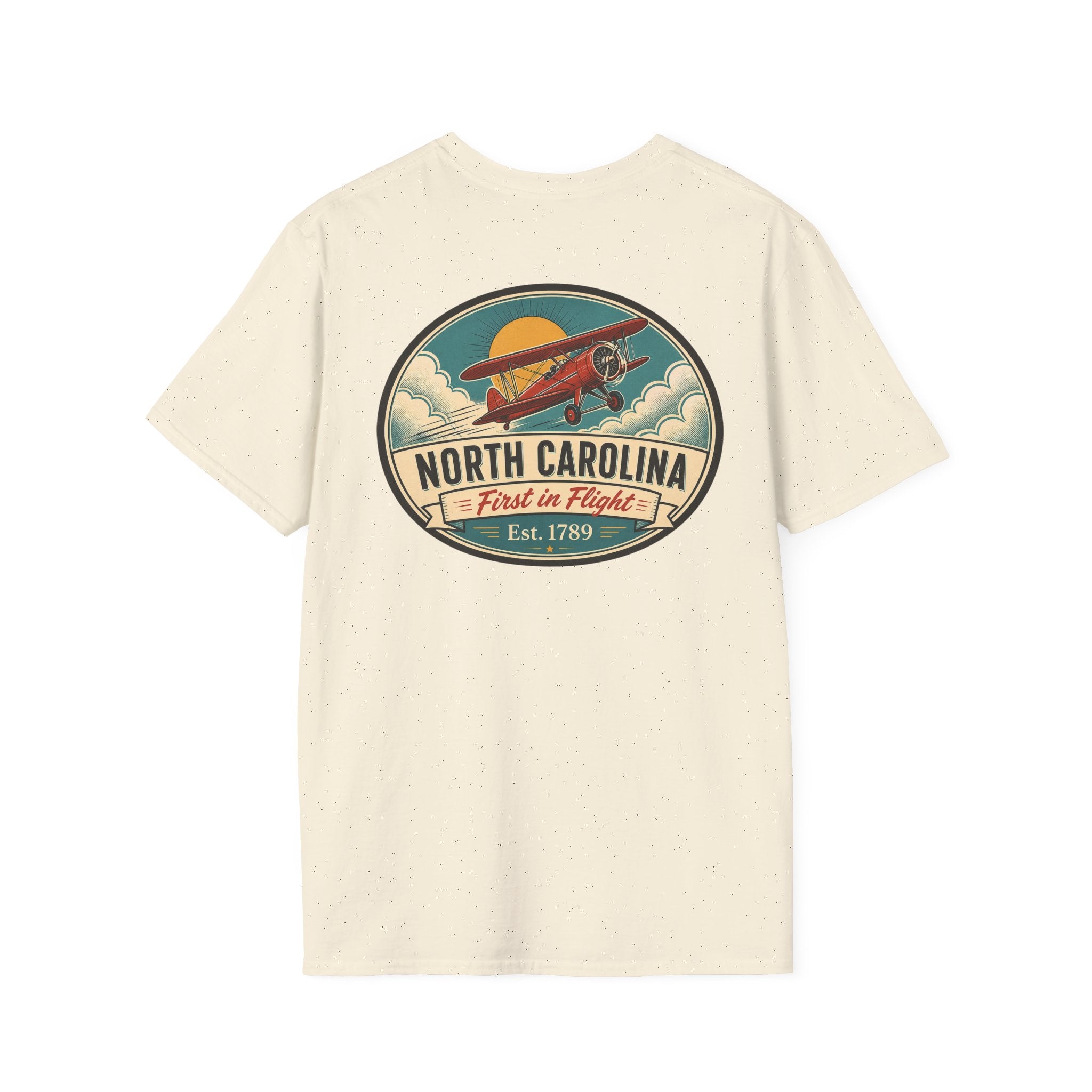 Natural/cream T-shirt with North Carolina biplane oval graphic, crewneck short sleeves