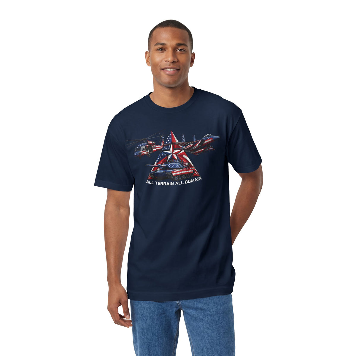 Navy crewneck T-shirt worn by a man with aircraft star graphic on the chest