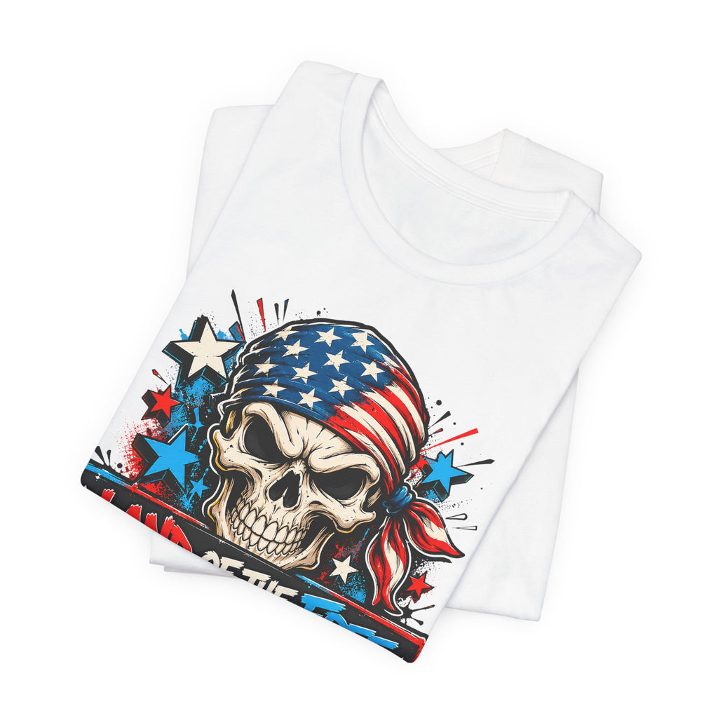 White T-shirt with patriotic skull and flag graphic on the front