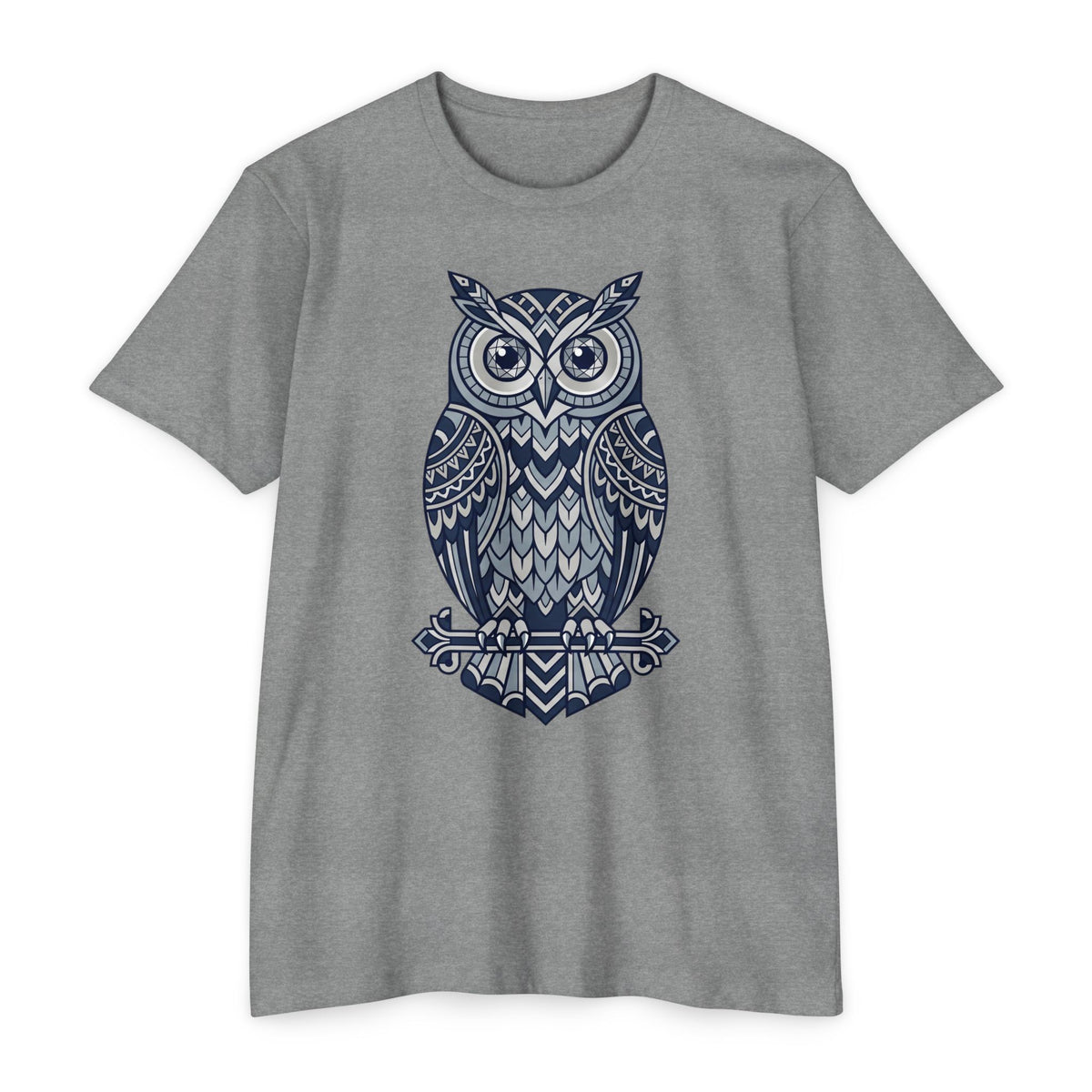 Heather grey unisex T-shirt with blue tribal owl illustration graphic on front