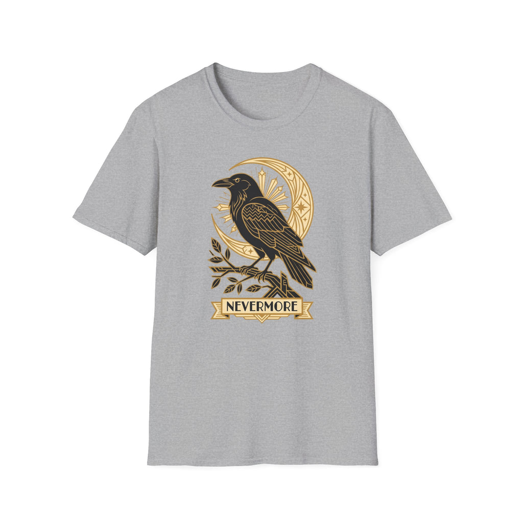 Heather gray graphic T-shirt front with raven and gold Nevermore banner