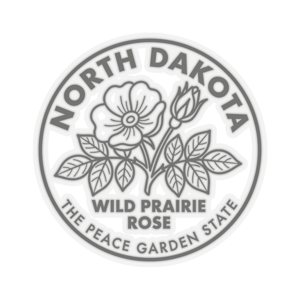 North Dakota wild prairie rose transparent vinyl decal, round emblem with floral illustration