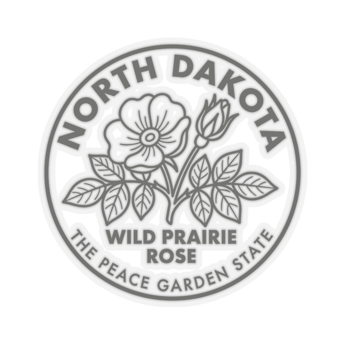 North Dakota wild prairie rose transparent vinyl decal, round emblem with floral illustration