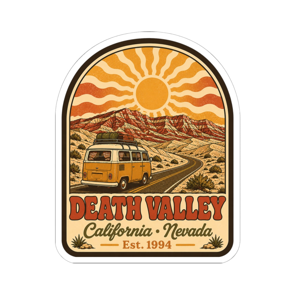 Rounded arch kiss-cut sticker with retro desert mountains, yellow camper, and Est. 1994