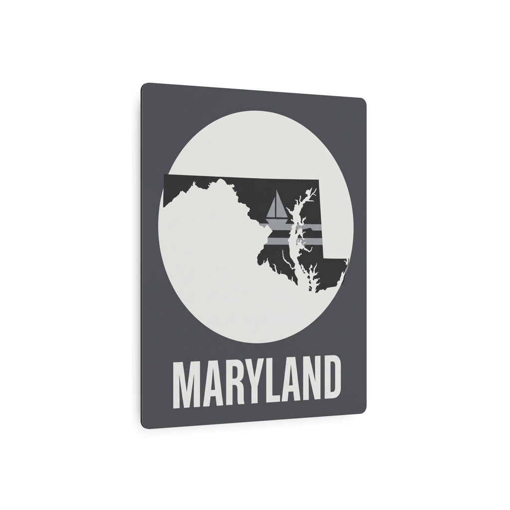 Maryland nautical sailboat metal art sign, dark gray with white circle and bold MARYLAND lettering