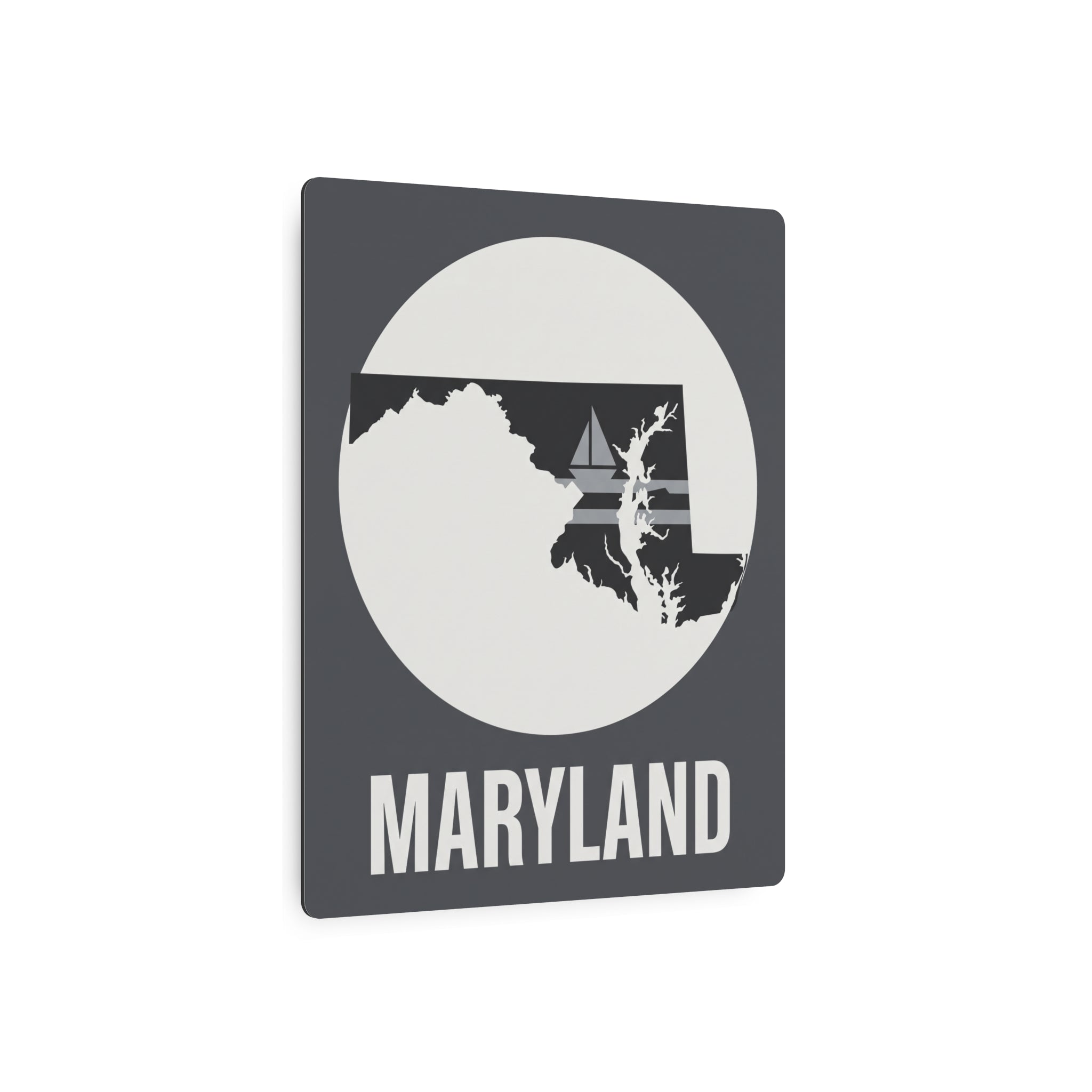 Maryland nautical sailboat metal art sign, dark gray with white circle and bold MARYLAND lettering