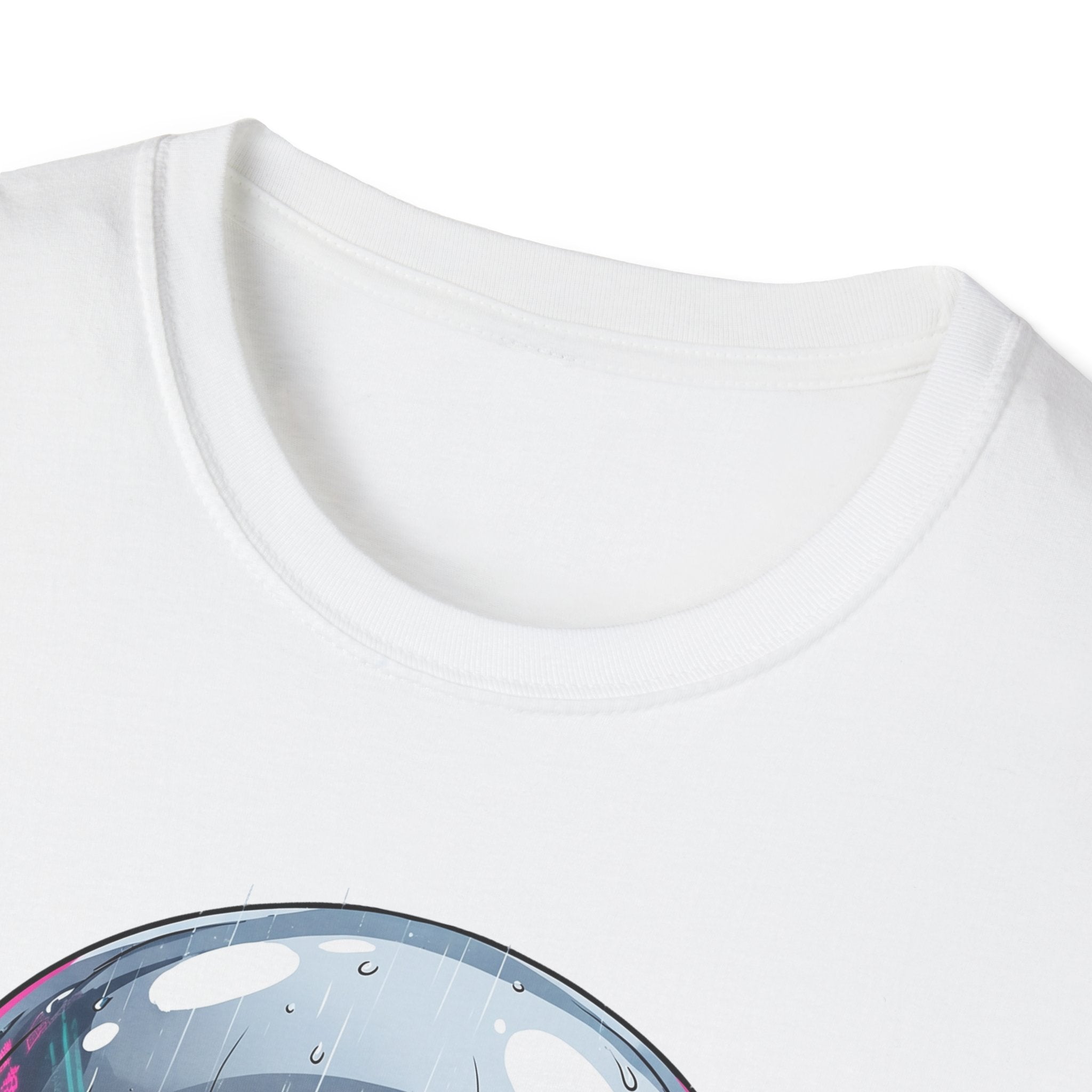 White T-shirt neckline close-up with neon visor skull graphic partly visible