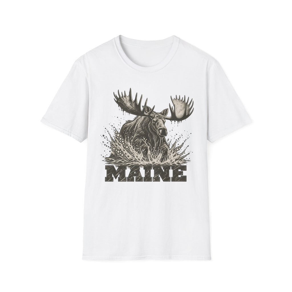 White moose graphic t-shirt with antlers splash and “MAINE” text