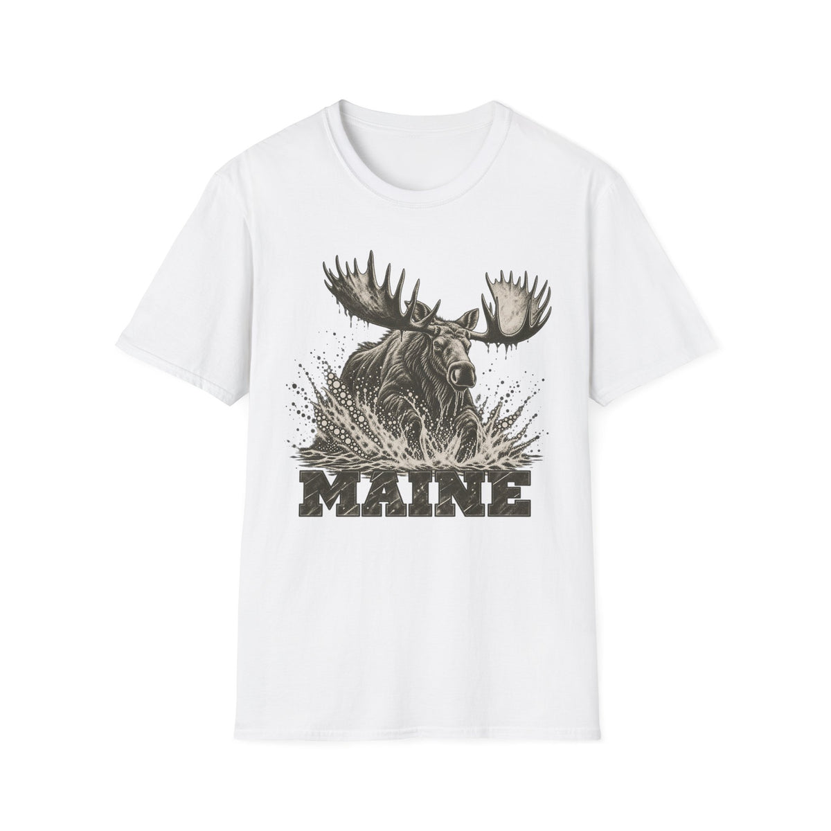 White moose graphic t-shirt with antlers splash and “MAINE” text