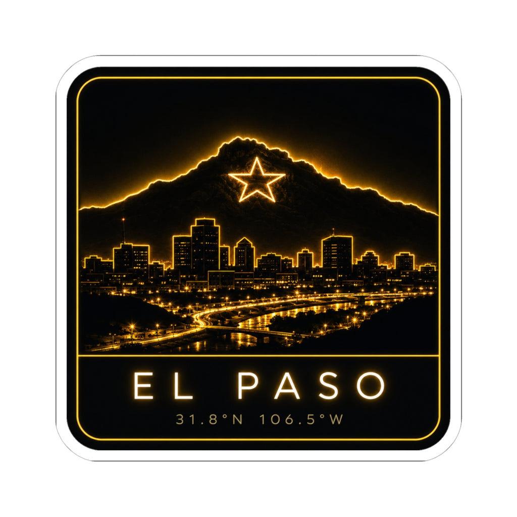 Square kiss-cut sticker with neon border, mountain star, and El Paso skyline lettering