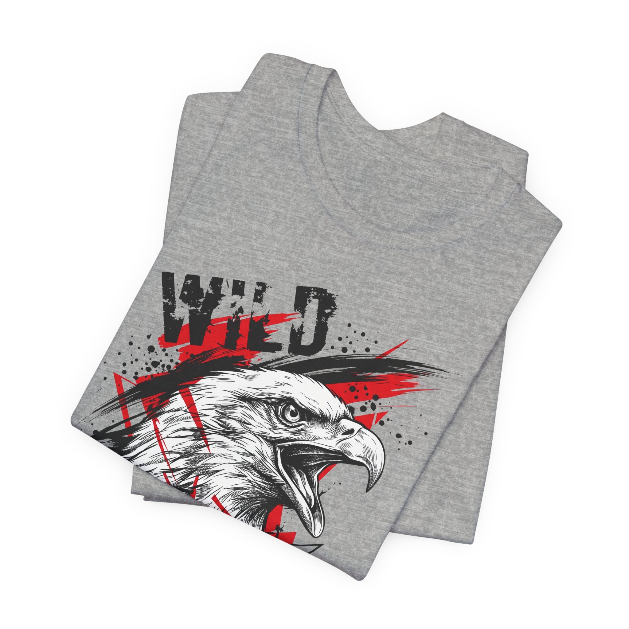 Dark gray heather T-shirt with eagle head graphic and red splatter design