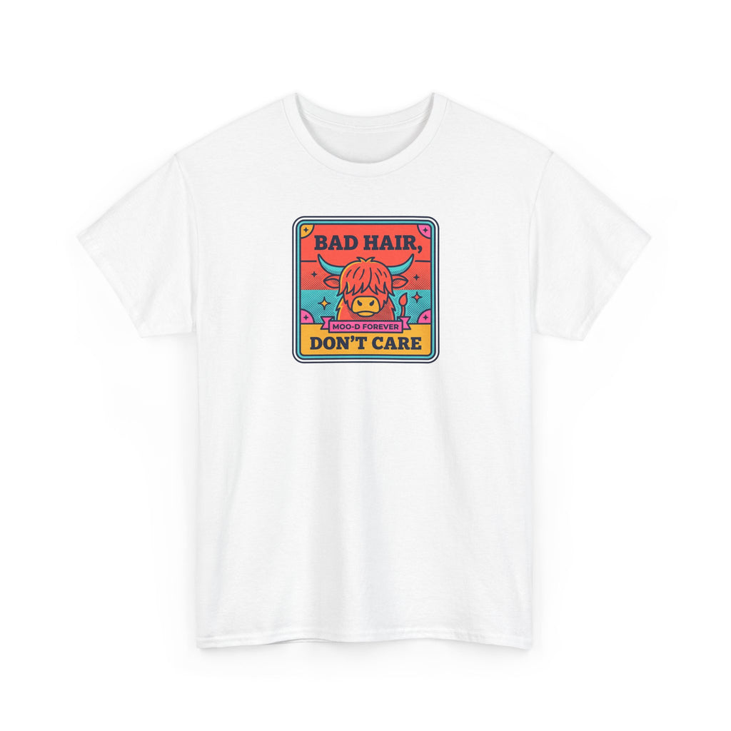 White crewneck T-shirt with colorful “BAD HAIR, DON’T CARE” cow graphic on front