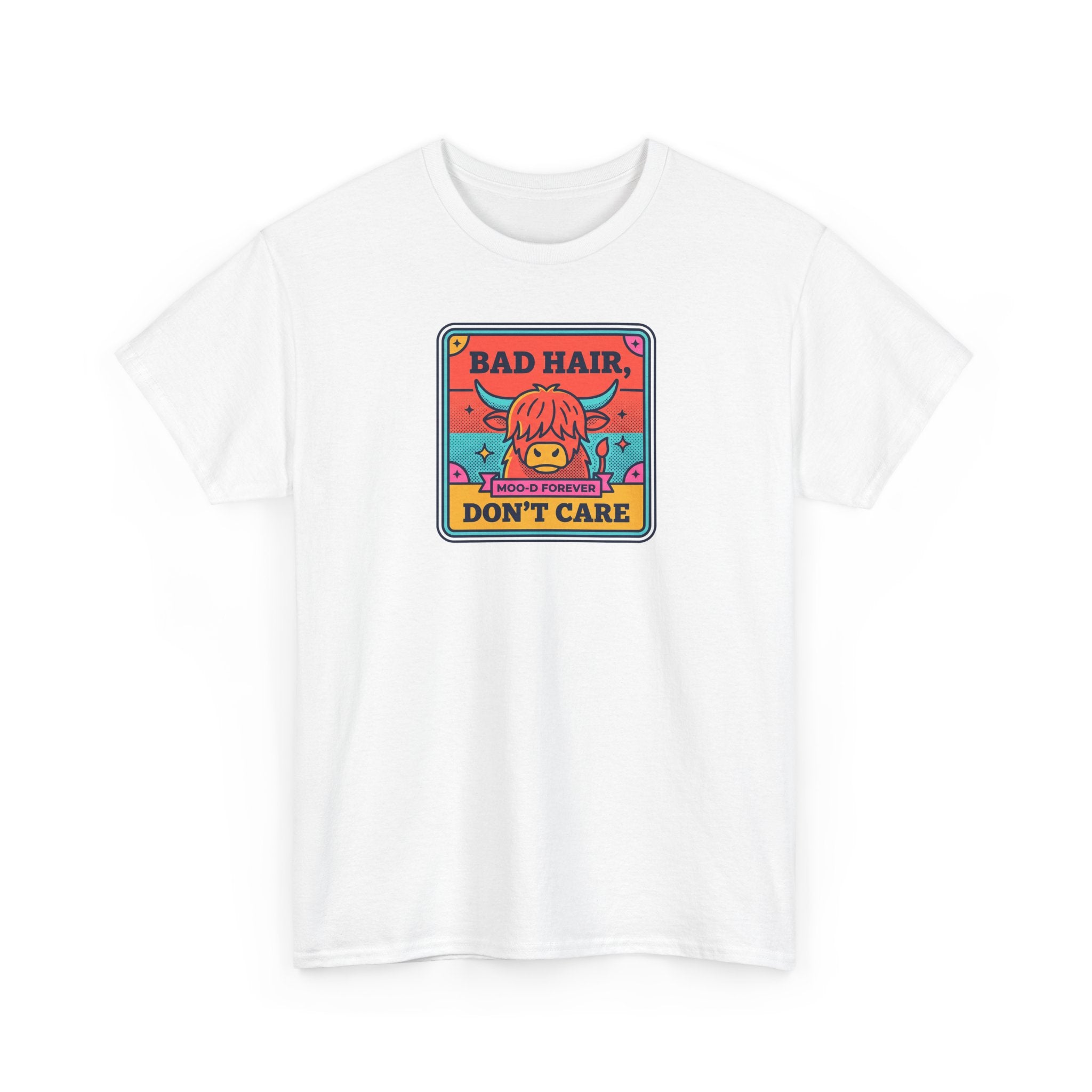 White crewneck T-shirt with colorful “BAD HAIR, DON’T CARE” cow graphic on front