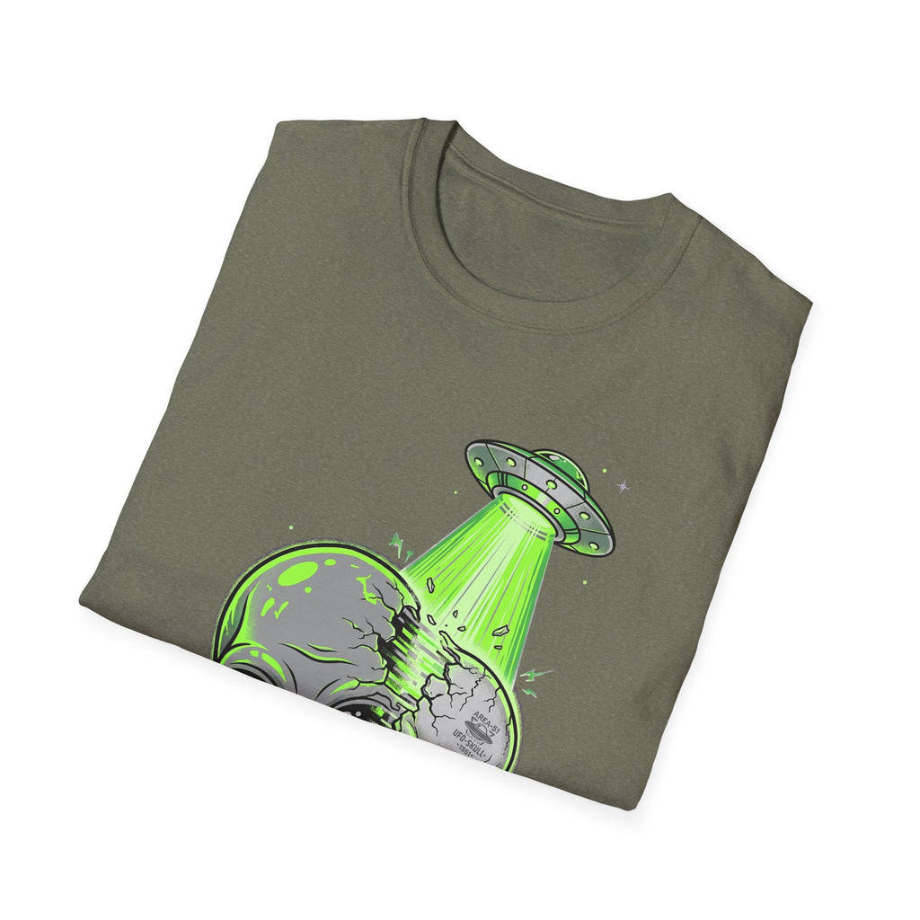 Olive green T-shirt with green UFO tractor beam and alien skull graphic