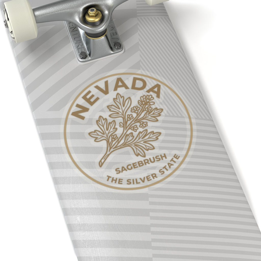 Circular Nevada sagebrush vinyl sticker with botanical plant and text, transparent look