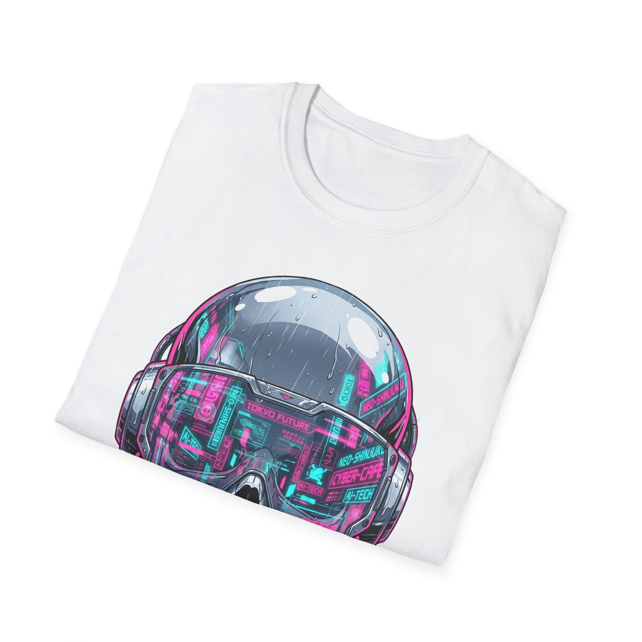 White cyberpunk skull visor T-shirt with neon graphic on chest