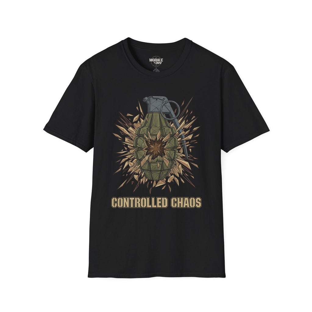 Black T-shirt with controlled chaos grenade explosion graphic