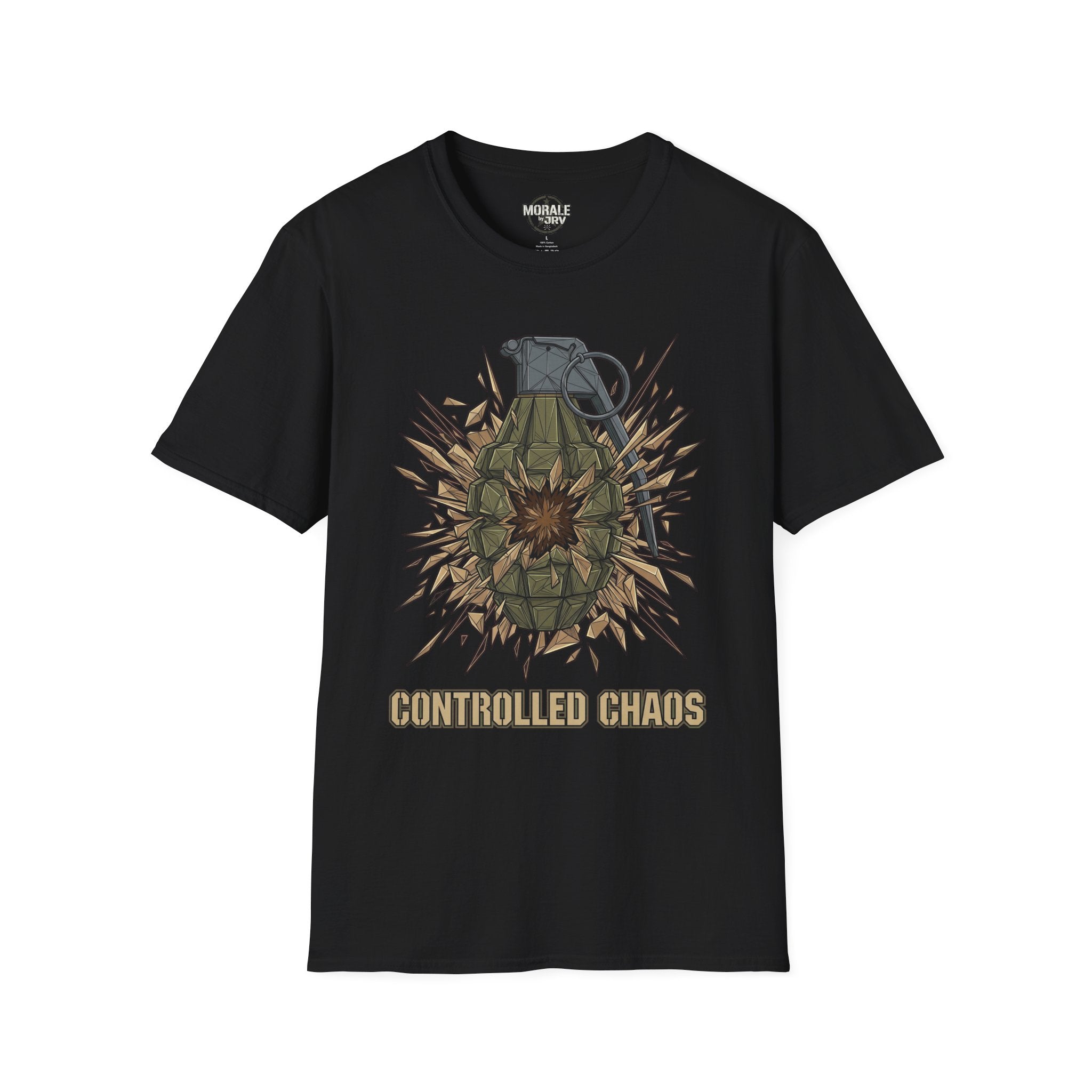 Black T-shirt with controlled chaos grenade explosion graphic
