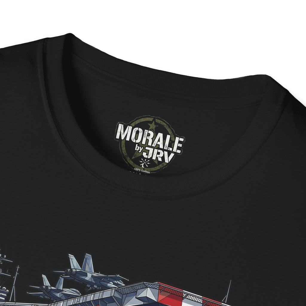 Black crew-neck T-shirt with 'MORALE by TR1V' tag and ship artwork detail