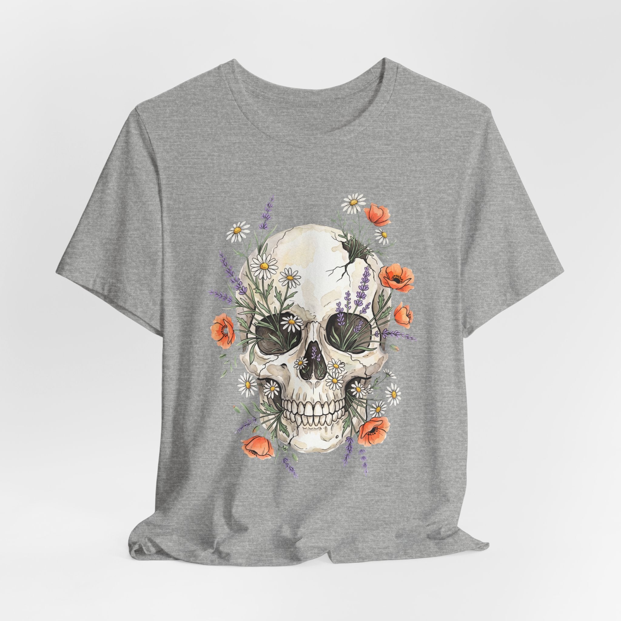 Dark grey heather floral skull T-shirt with poppies and wildflowers graphic on the front