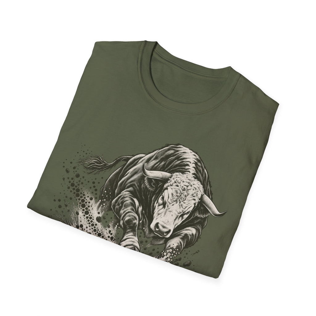 Olive graphic T-shirt featuring a monochrome charging bull face with splash background
