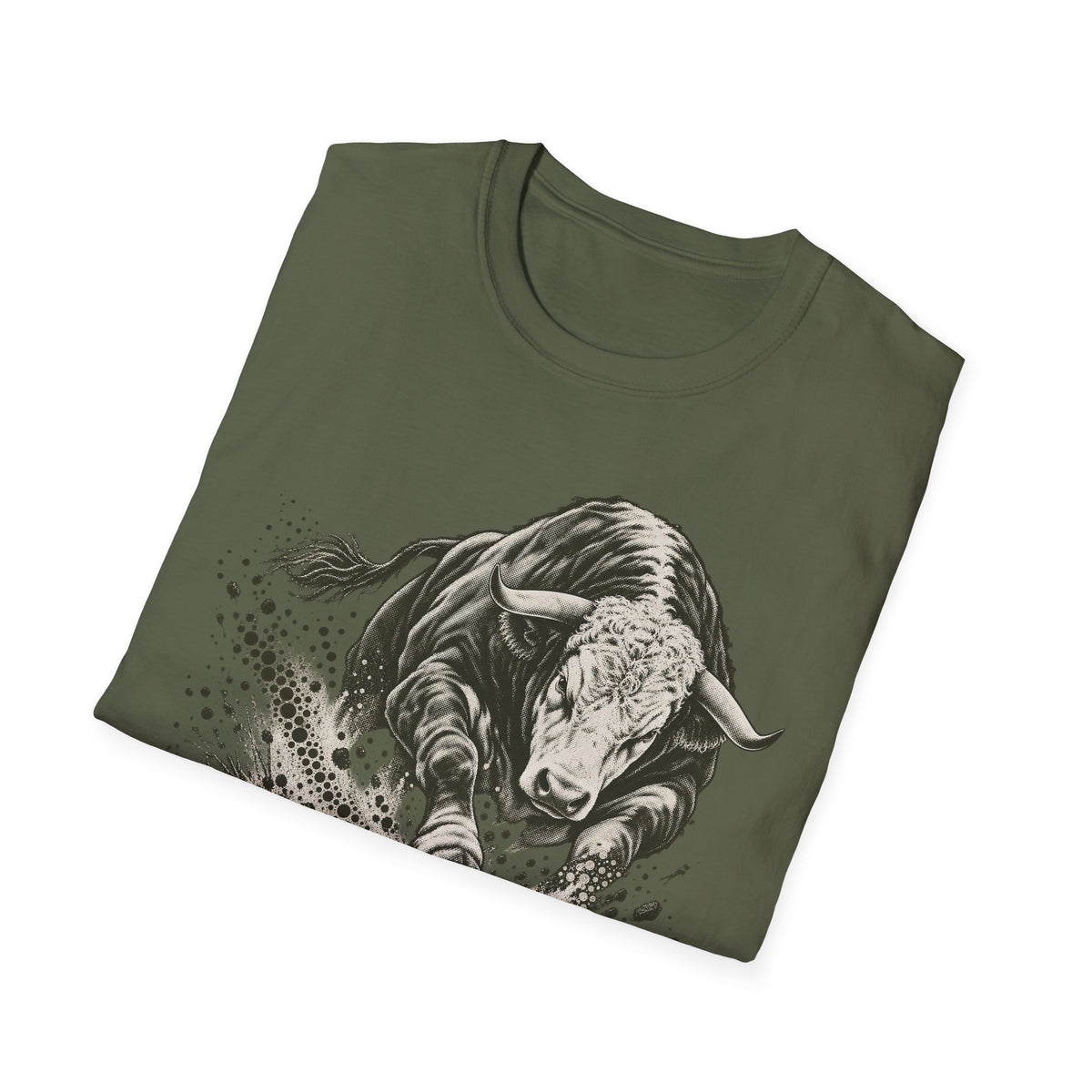 Olive graphic T-shirt featuring a monochrome charging bull face with splash background