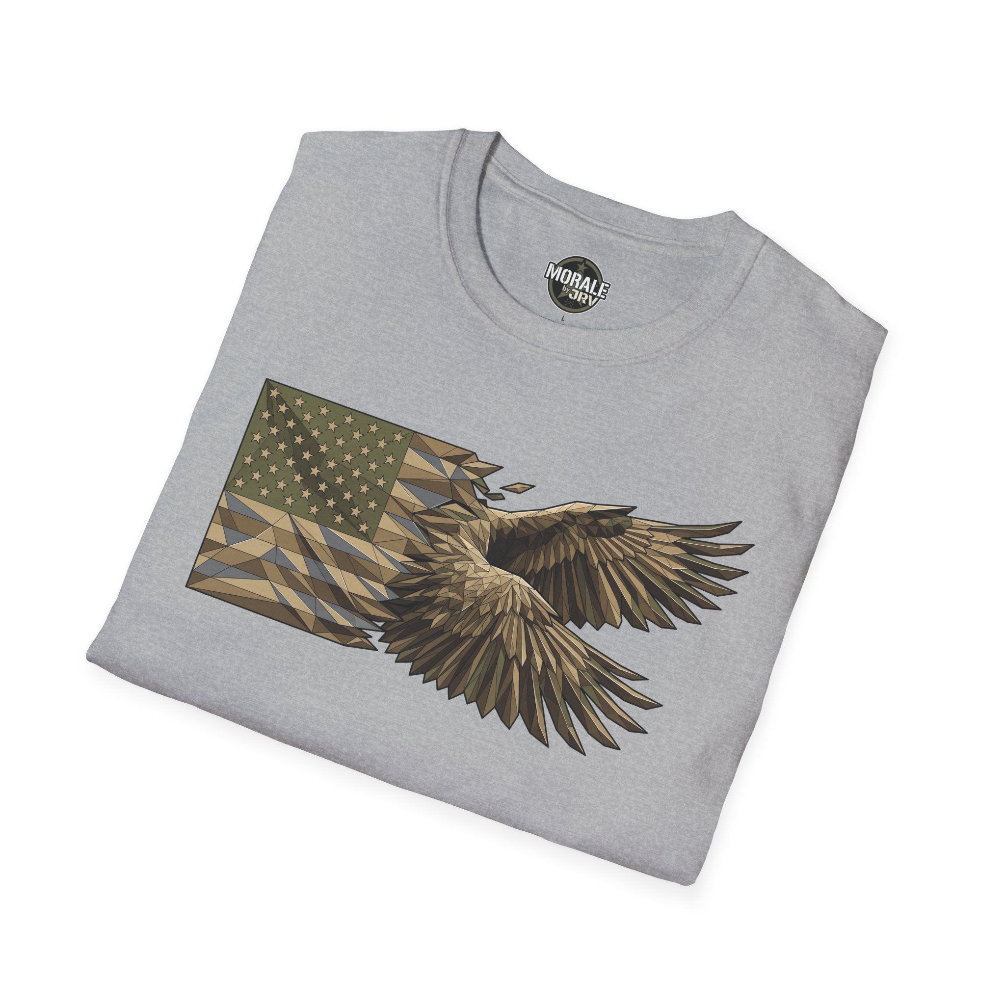 Patriotic tactical T-shirt, heather gray with American flag and bald eagle graphic