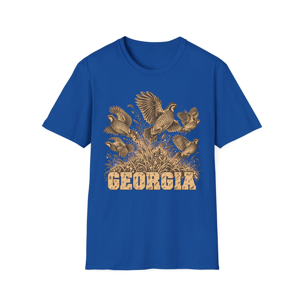 Royal blue crew-neck t-shirt with tall-grass bird graphic and GEORGIA text