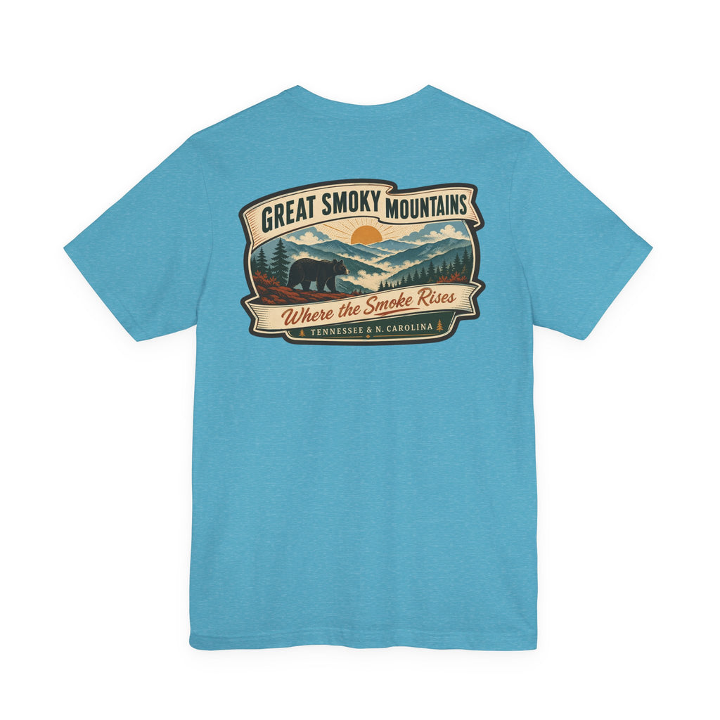 Aqua blue T-shirt with large Great Smoky Mountains scenic badge graphic