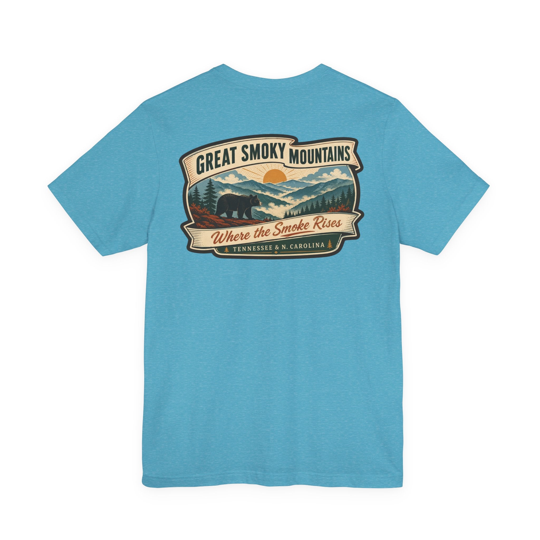 Aqua blue T-shirt with large Great Smoky Mountains scenic badge graphic